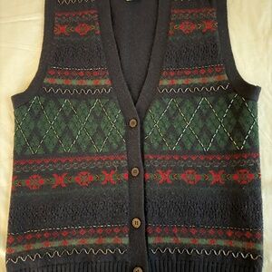 VTG JH Collectibles Womens Sz S Navy Fair Isle Wool Beaded Sweater Vest